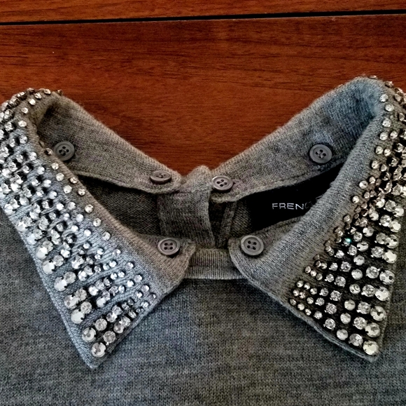French Connection Gray 100% Wool Beaded Pearl Collar Crewneck Sweater Size Small - Picture 6 of 11